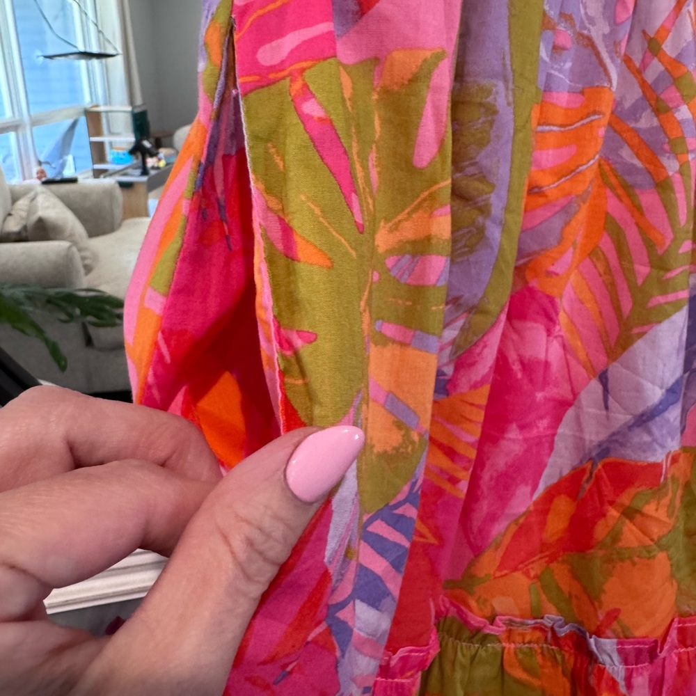 J.Marie Sleeveless Tropical Tiered Midi Dress in Coral Pink - Picture 3 of 7